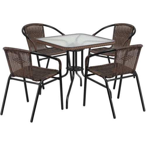 Restaurant Glass Metal Table 28" Square with 4 Brown Stackable Rattan Chairs