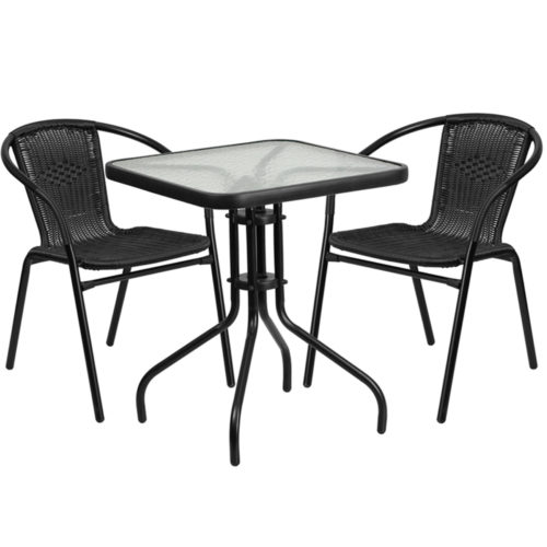 Restaurant Glass Metal Table 23.75" Square with 2 Black Stackable Rattan Chair