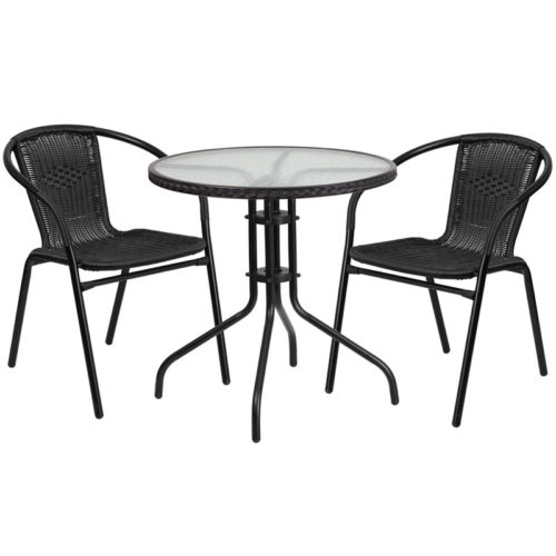 Restaurant Glass Metal Table 28" Round with 2 Black Stackable Rattan Chair