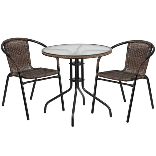 28" Round Glass Metal Table with 2 Brown Stackable Rattan Chair
