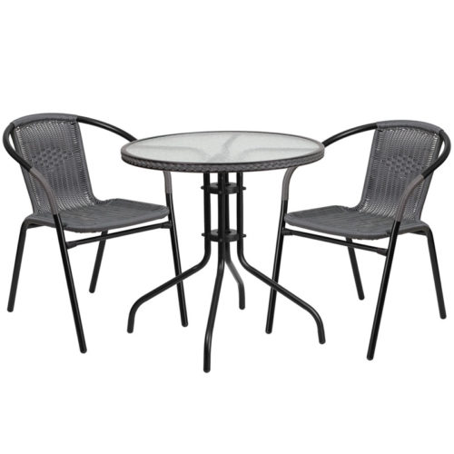 Restaurant Glass Metal Table 28" Round with 2 Gray Stackable Rattan Chair
