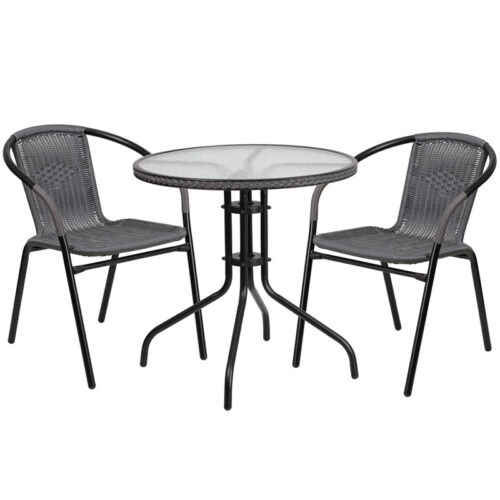 Restaurant Glass Metal Table 28" Round with 2 Gray Stackable Rattan Chair