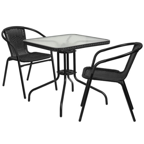Restaurant Glass Metal Table 28" Square with 2 Black Stackable Rattan Chair