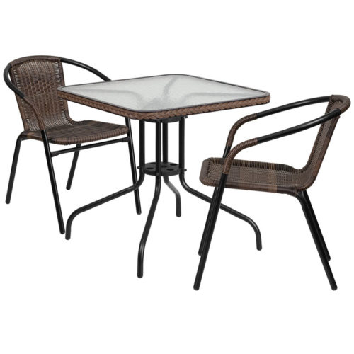 Restaurant Glass Metal Table 28" Square with 2 Brown Stackable Rattan Chair