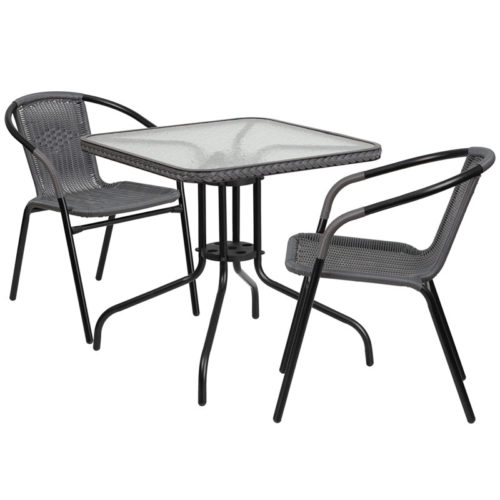 Restaurant Glass Metal Table 28" Square with 2 Gray Stackable Rattan Chair