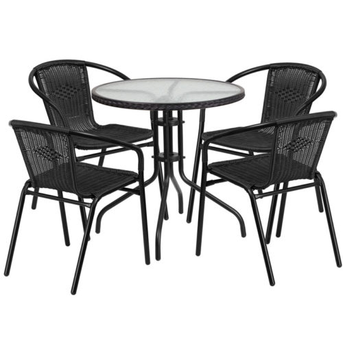 Restaurant Glass Metal Table 28" Round with 4 Black Stackable Rattan Chairs