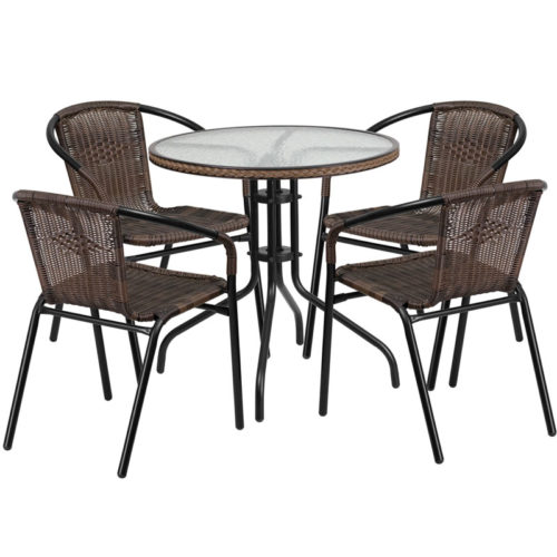 Restaurant Glass Metal Table 28" Round with 4 Brown Stackable Rattan Chairs