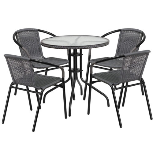 Restaurant Glass Metal Table 28" Round with 4 Gray Stackable Rattan Chairs
