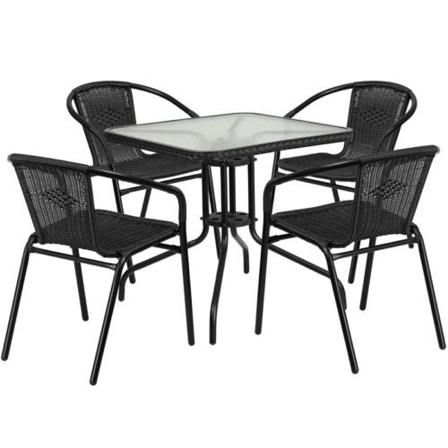 Restaurant Glass Metal Table 28" Square with 4 Black Stackable Rattan Chairs
