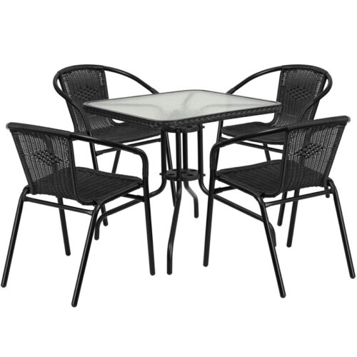 Restaurant Glass Metal Table 28" Square with 4 Black Stackable Rattan Chairs