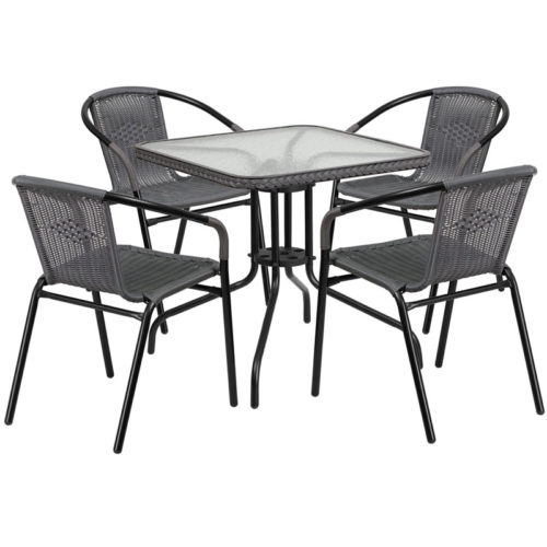 Restaurant Glass Metal Table 28" Square with 4 Gray Stackable Rattan Chairs