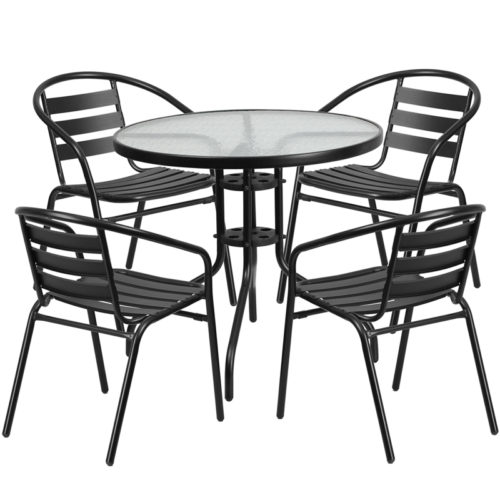 Restaurant Glass Metal Table 31.5" Round with 4 Black Stackable Slat Matal Chair