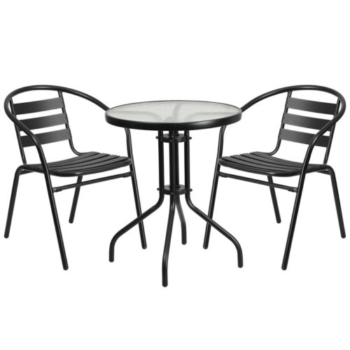 Restaurant Glass Metal Table 23.75" Round with 2 Black Stackable Slat Matal Chair