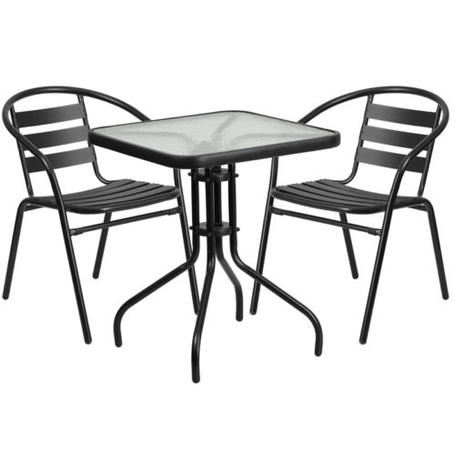 Restaurant Glass Metal Table 23.75" Square with 2 Black Stackable Slat Matal Chair