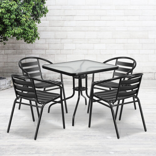 Restaurant Glass Metal Table 31.5" Square with 4 Black Stackable Slat Matal Chair